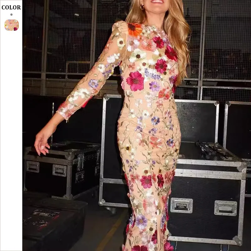 

Spring And Summer Round Neck Colorful Three-Dimensional Flower Embroidery Mesh Slim Fit Hip Hugging Fish Tail Dress Long Skirt