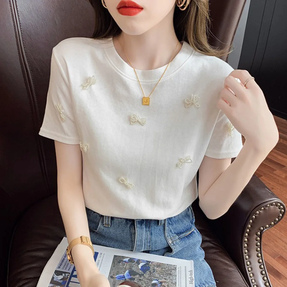 Cotton Short Sleeve T-shirt Women's Fashion Slim O-neck White Black Tops Beaded Bow Casual Tee Female T Shirt Top New 2022