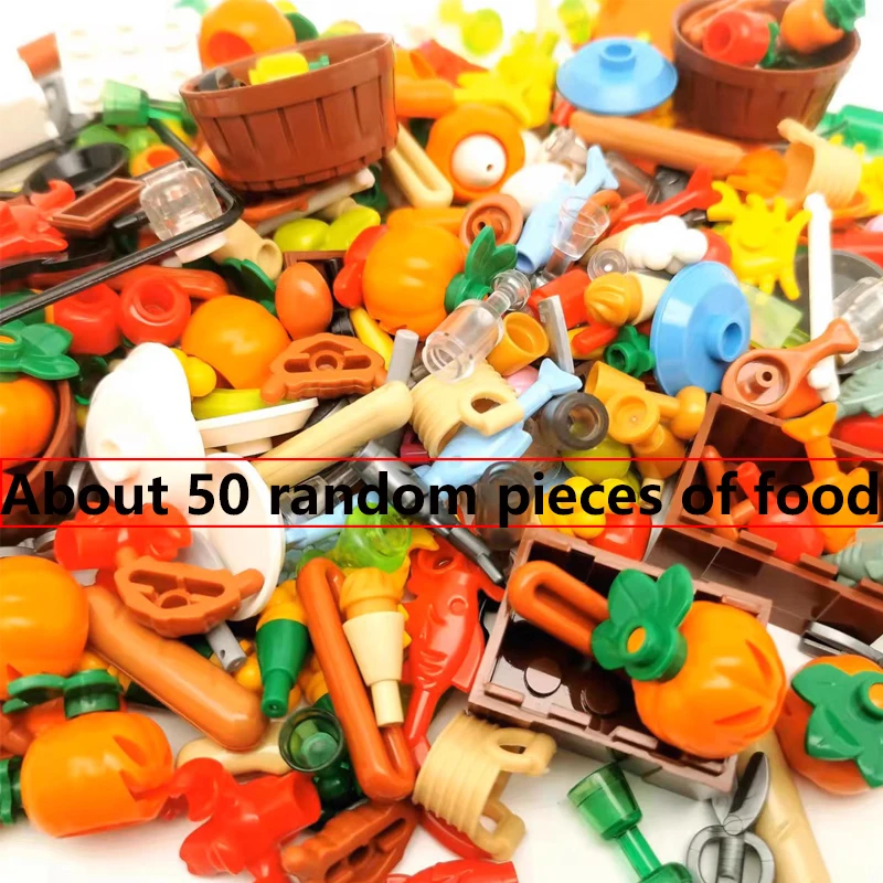 MOC City Food Building Blocks Mini Accessories Shopping Cart Apple Fish Hot Dog Ice Cream Chicken Pizza Figures Bricks Kit Toy view 2