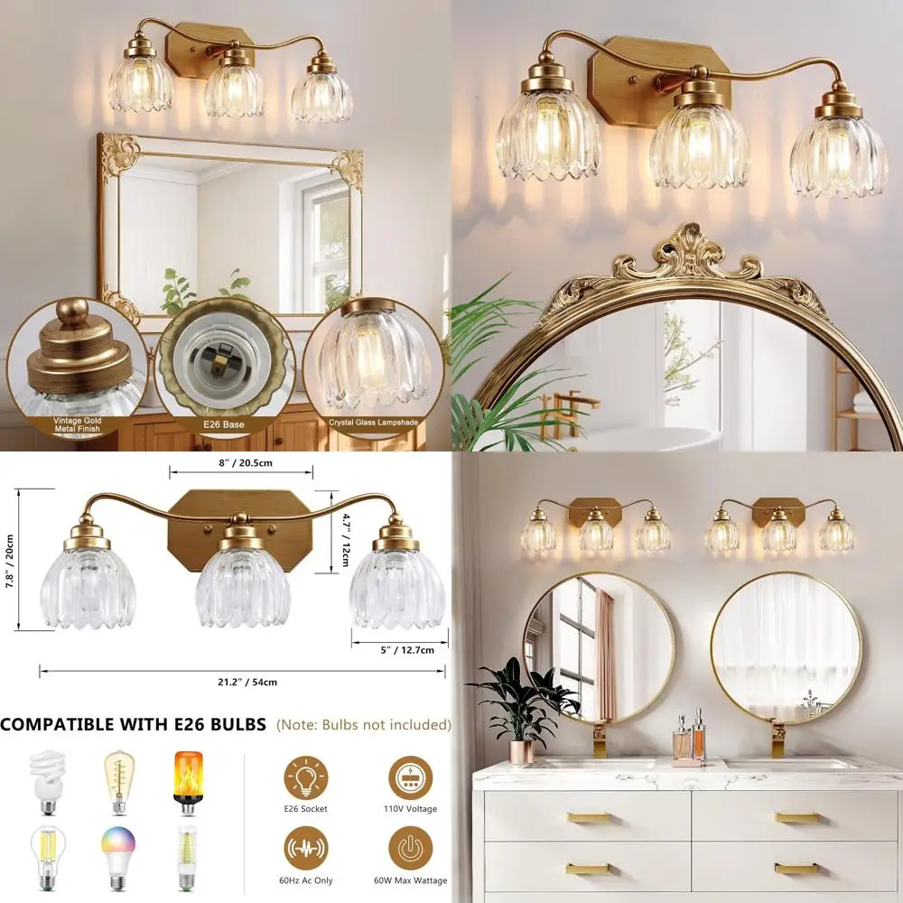 Настенные бра из античной латуни с 3 лампами и хрустальными абажурами для винтажной ванной комнаты, туалетного столика и гостиной