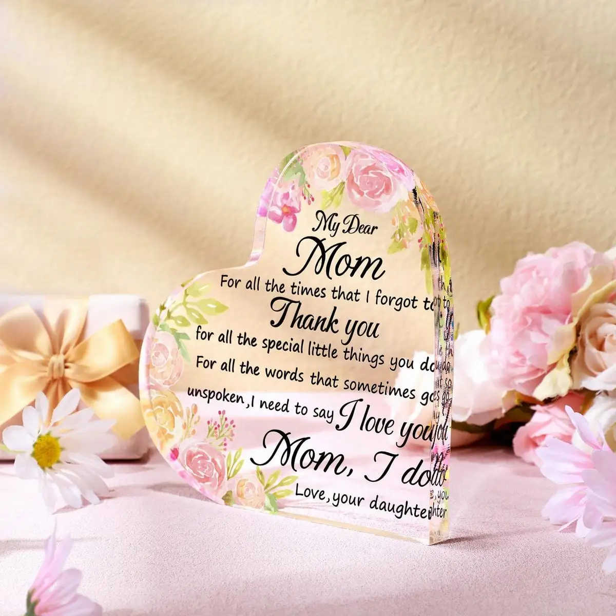 Birthday Gift from Son and Daughter to Mother, Mother's Day Gift, Heart-shaped Acrylic Tabletop Decoration Plaque