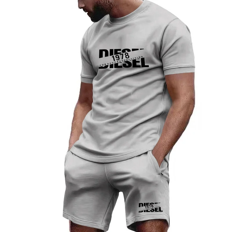 

Men's fashion printed casual T-shirt sports set summer breathable men's pullover shorts 2-piece set