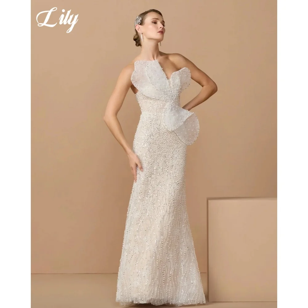 

Lily White Strapless Prom Dress Sweetheart Evening Dress with 3D Floral Appliqué All-Over Beaded Mermaid Party Dress Customized