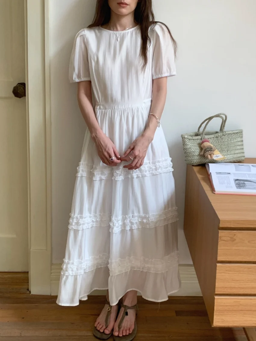 

Alien Kitty White Princess Long Dress Chic Women New 2025 Slim Office Lady Loose High Waist Casual Gentle Short Sleeve Daily