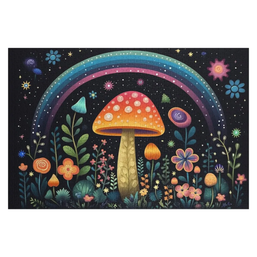 

Magic mushrooms. Psychedelic hallucination. Vibrant illustration. 60s 70s hippie colorful art. Jigsaw Puzzle