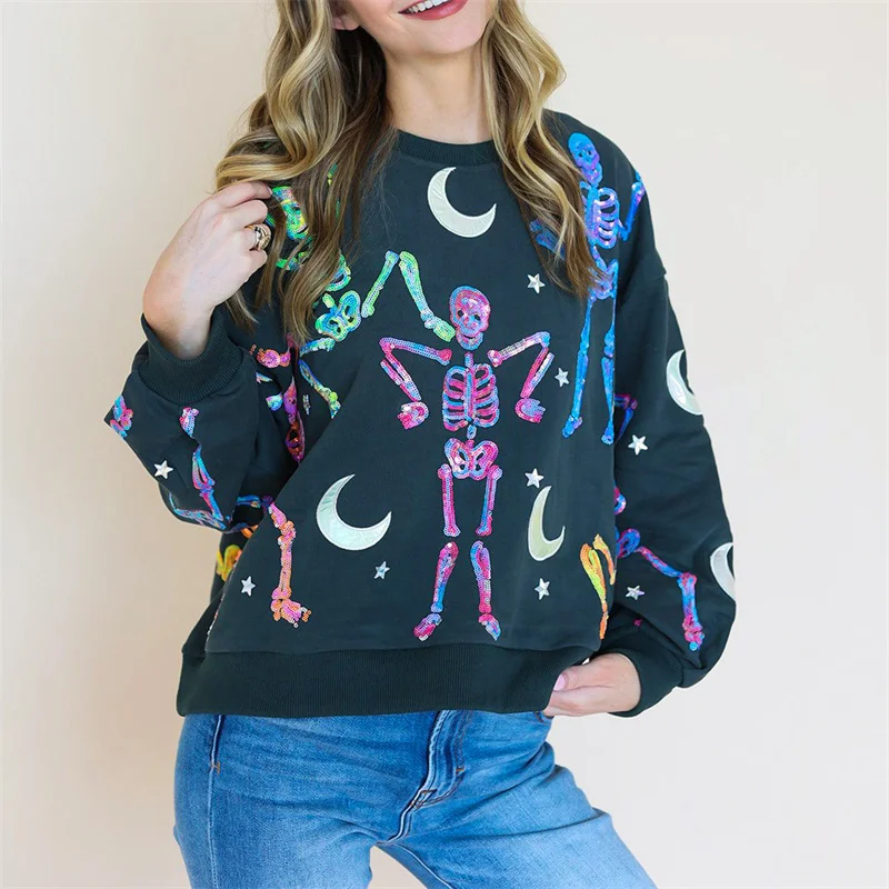 Womens Halloween Sequin Dancing Skeleton Graphic Sweatshirts Shirts Long Sleeve Sparkly Skull Ghost Pullover Oversized Sweaters