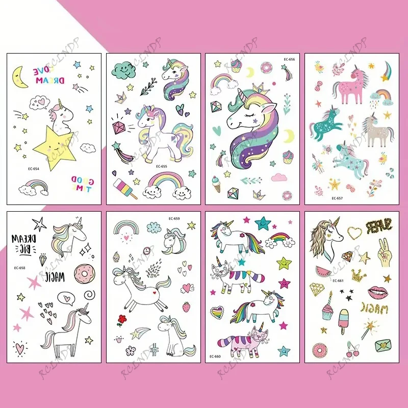 8pcs Waterproof Temporary Tattoo Sticker Unicorn Rainbow Star Fake Tatto Flash Tatoo arm Tato for Girl Women Men