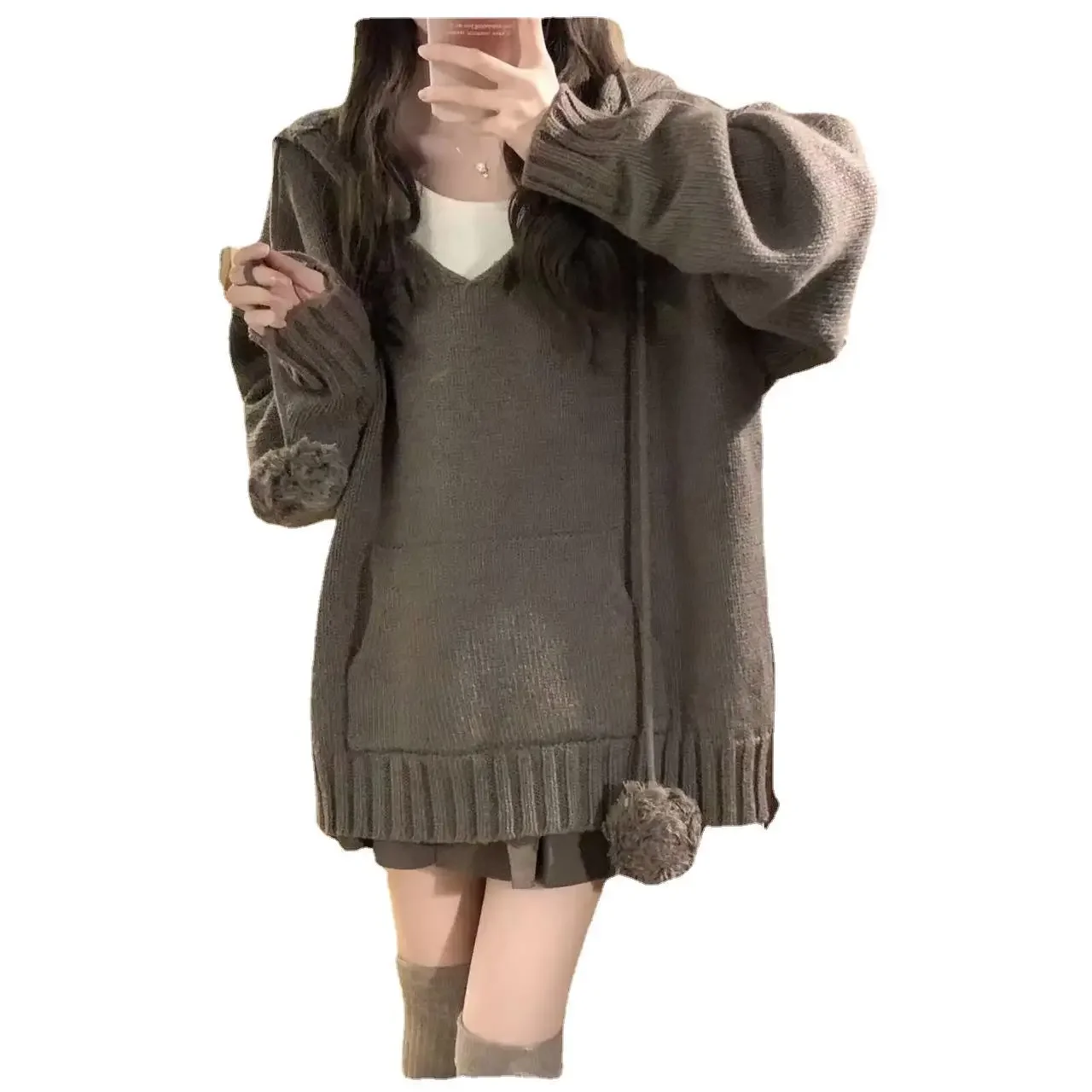 Y2k Aesthetic Autumn V Neck Woman Sweaters Harajuku Loose Grunge Cardigan Mujer Ball Drawstring Pocekt Patchwork Solid Pullovers