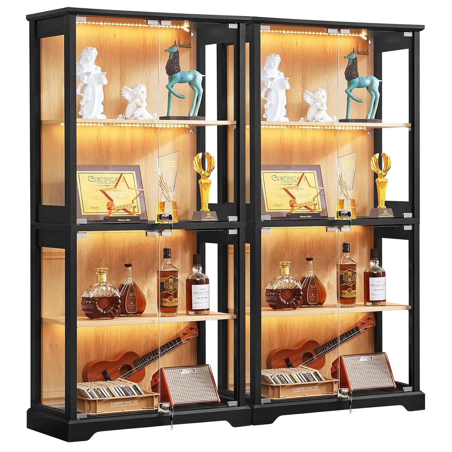 Set of 2 Farmhouse Glass Display Cabinets with Lock, Wooden Curio Cases with Glass Doors, 3-Color Motion-Sensor Lights, Black