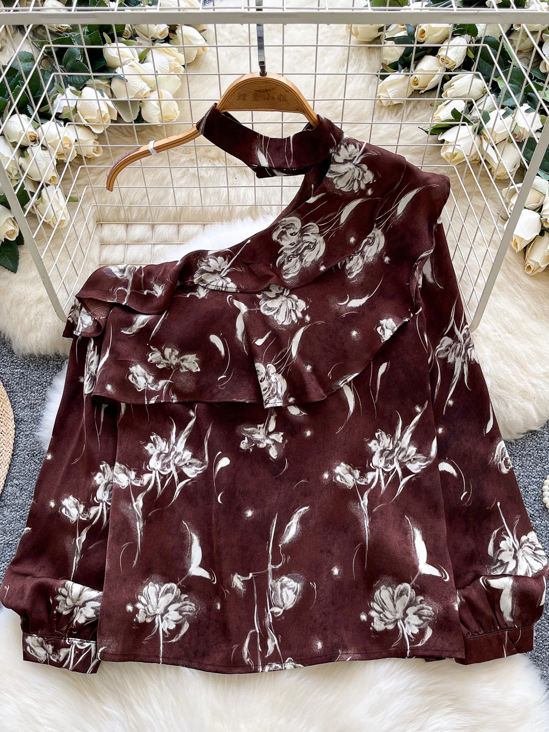 Francuski styl, drukowany, długi rękaw, odkryte ramiona, spódnica, damska, jesienna, uniwersalna, elegancka, osobowość, top, lekki, dojrzały styl.