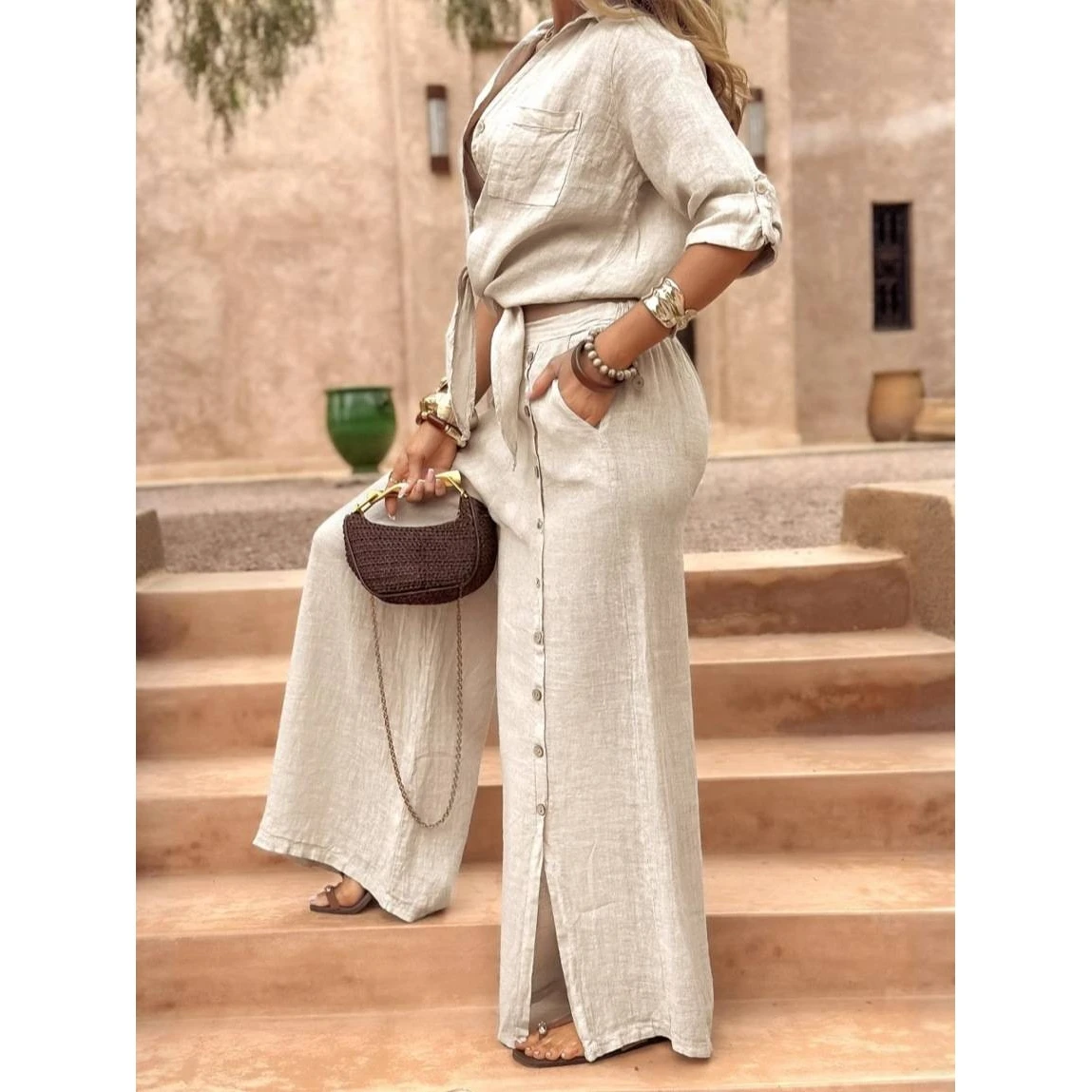 Conjunto largo de lino y algodón Sve para mujer, Color puro, con botones, Dr Casual Sle, temporada de otoño, Faion juvenil, estación independiente