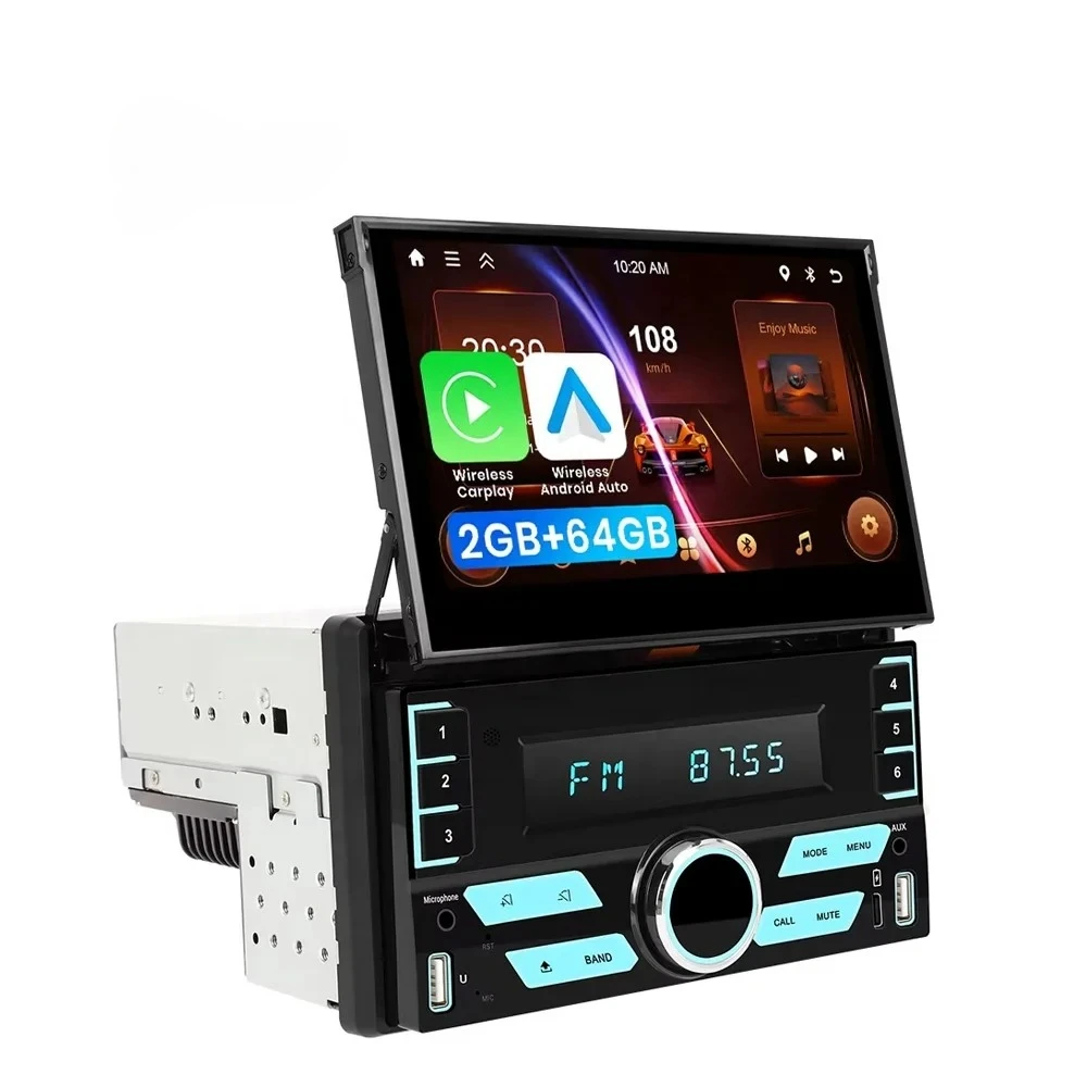 Podofo 7 Inch Android Double Din Wireless Carplay Android Auto 2+64G Adjustable Screen GPS WIFI FM RDS EQ Car Stereo Radio