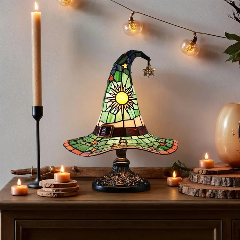 Halloween Witch Hat Lamp Stained Glass Mood Light USB Powered Creative Table Lamp Night Light Living Room Home Bedroom Decoratio