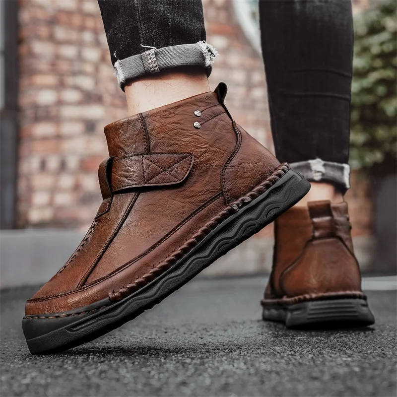 Men Hand-Sewn Large-Size Retro High-Top Boots Fashionable Solid Color Letter Cherry Print Sports Casual Shoes Sapatos De Homens