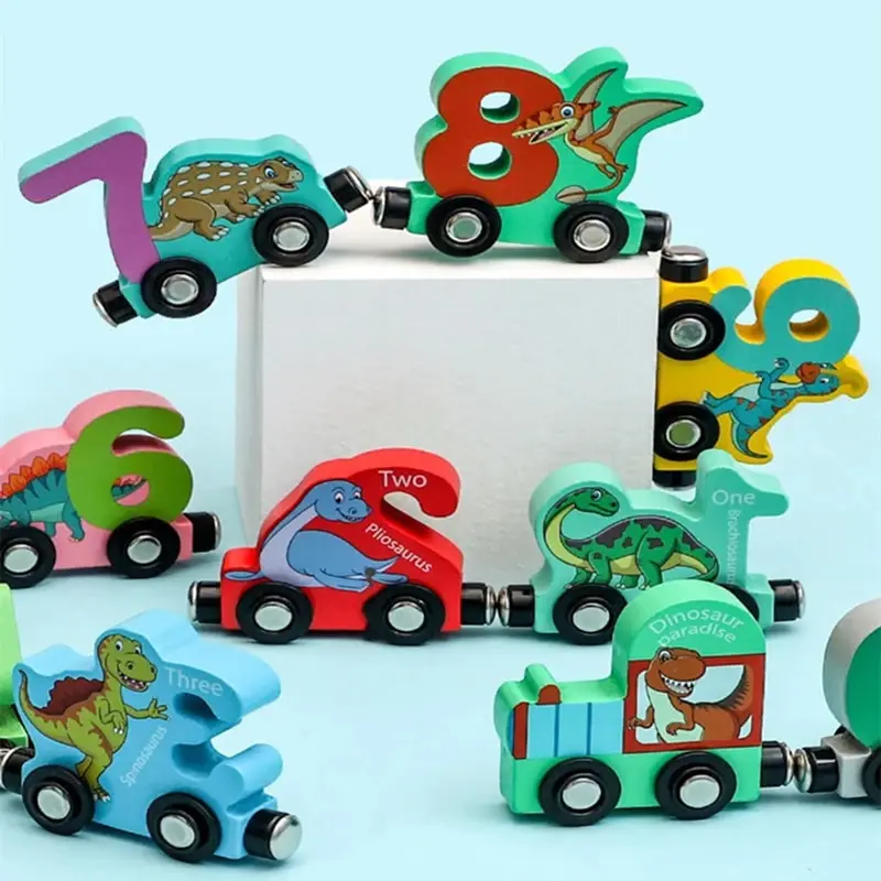 11PCS/Sets Magnetic Dinosaur Train Number Wooden Toy Learning Cars With Numbers Color Train Montessori Toys For Kids Toddler