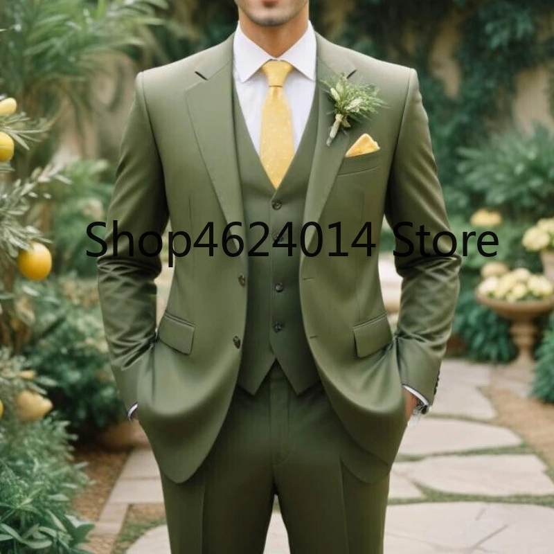 

New Army Green Men Suit Wedding Party Formal Occasion Groom Groomsman Prom Business Male Tuxedos 3 Piece Set Jacket Vest Pants