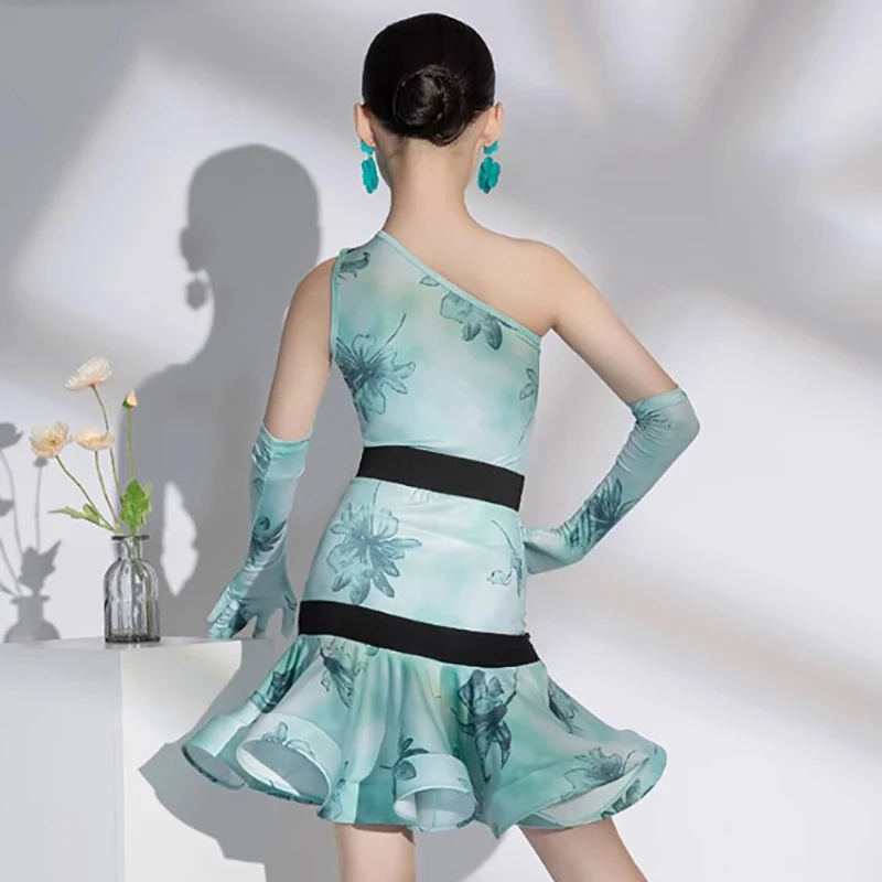 

Детский комбинезон с принтом в стиле латиноамериканских танцев на одно плечо и пышная юбка для девочек, профессиональная танцевальная одежда для соревнований