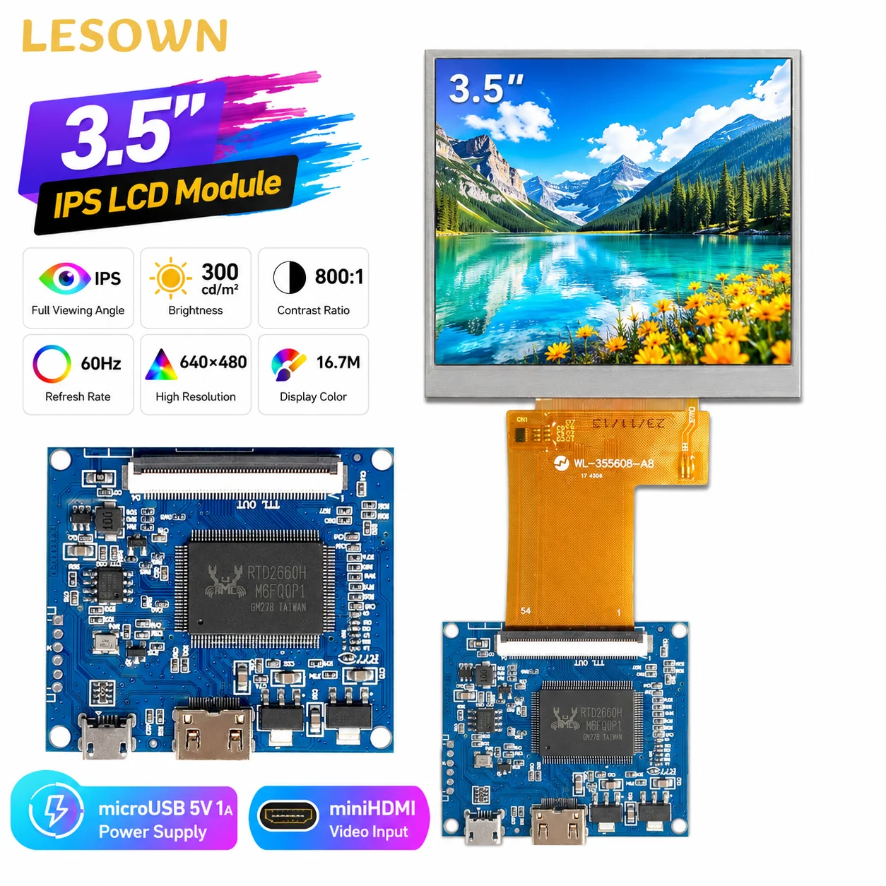 LESOWN 3.5" 640x480 LCD Monitor Auto Setup Full Viewing Angle Pantalla de Visualizacin with MiniHDTV Board for Retro Build