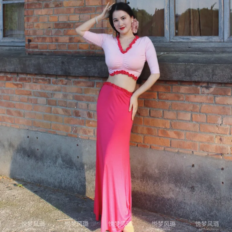 Customized Belly Dance Costumes New Set Performance Dress Class Clothes Sexy Temperament Practice Dress Pink Fish Tail Skirt