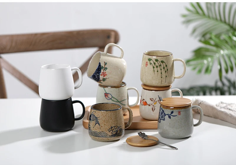 YWDL 350ml Japanese Ceramic Coffee Mug With Lid And Spoon Milk Breakfast Cups Home Heat-resistant Teacup Tumbler Water Mug Gift