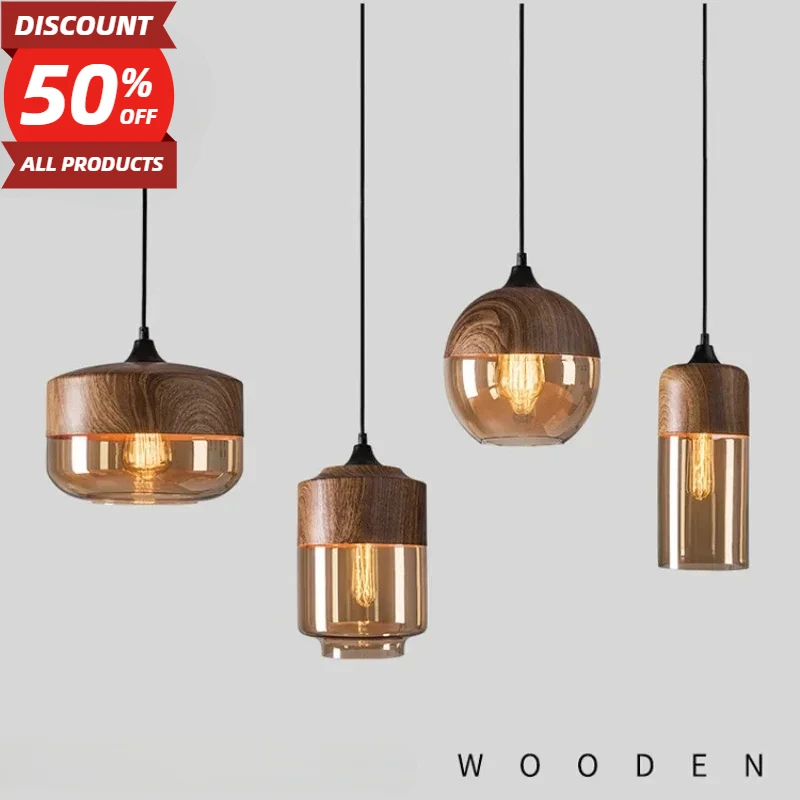 

Nordic Wood Color LED Pendant Lights Fixtures Bedroom Dinning Room Cafe Bar Restaurant Modern Glass Hanging Lamp Lampara