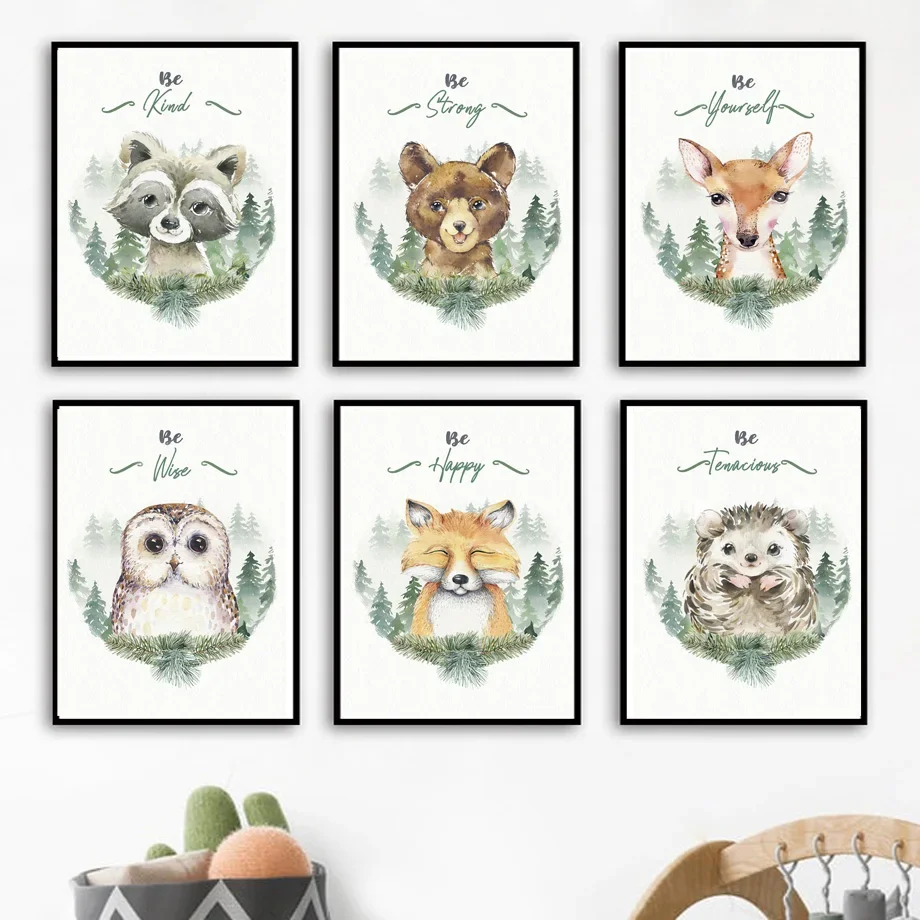 

Cartoon Forest Animals Fox Bear Rabbit Hedgehog Deer Wall Art Canvas Painting Nordic Posters And Prints Wall Pictures Kids Room