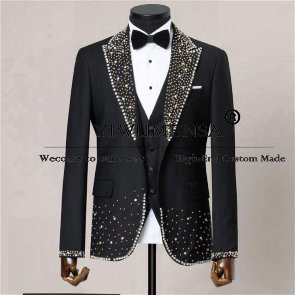 Handmade Groom Wedding Suits Crystals Beaded Lapel Prom Blazers Bespoke Man Formal Party Men's Tuxedos Traje De Hombre Elegante