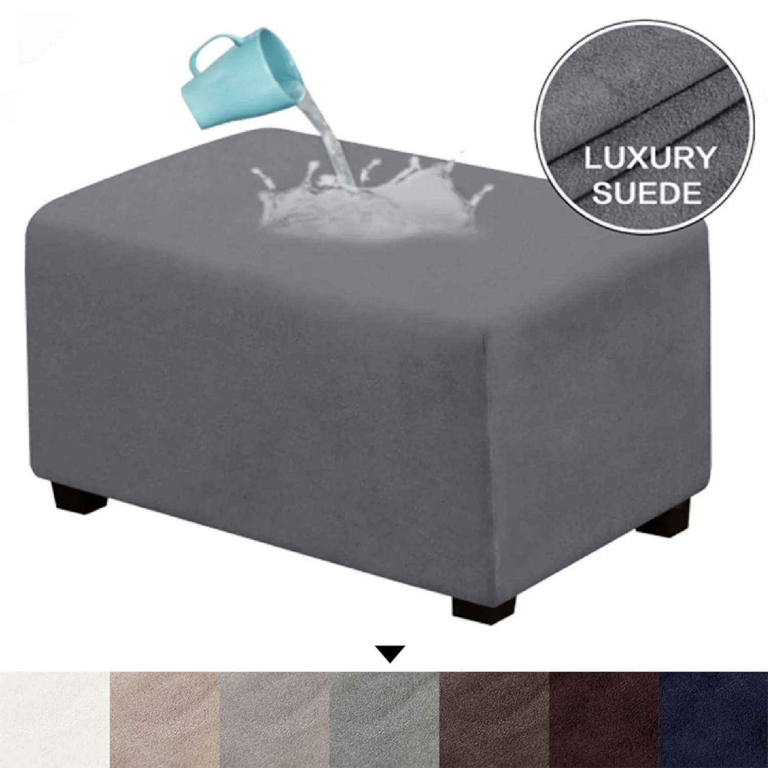 

Rectangle Ottoman Slipcover Waterproof Luxury Suede Footstool Protector Covers Stretch with Elastic Bottom Machine Washable