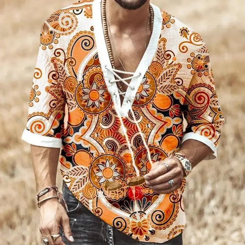 

Retro 60s 70s Hippie Costume for Men Drawstring Printing T-shirt Cosplay Outfit Halloween Party Disco Funny Clothes Role Play