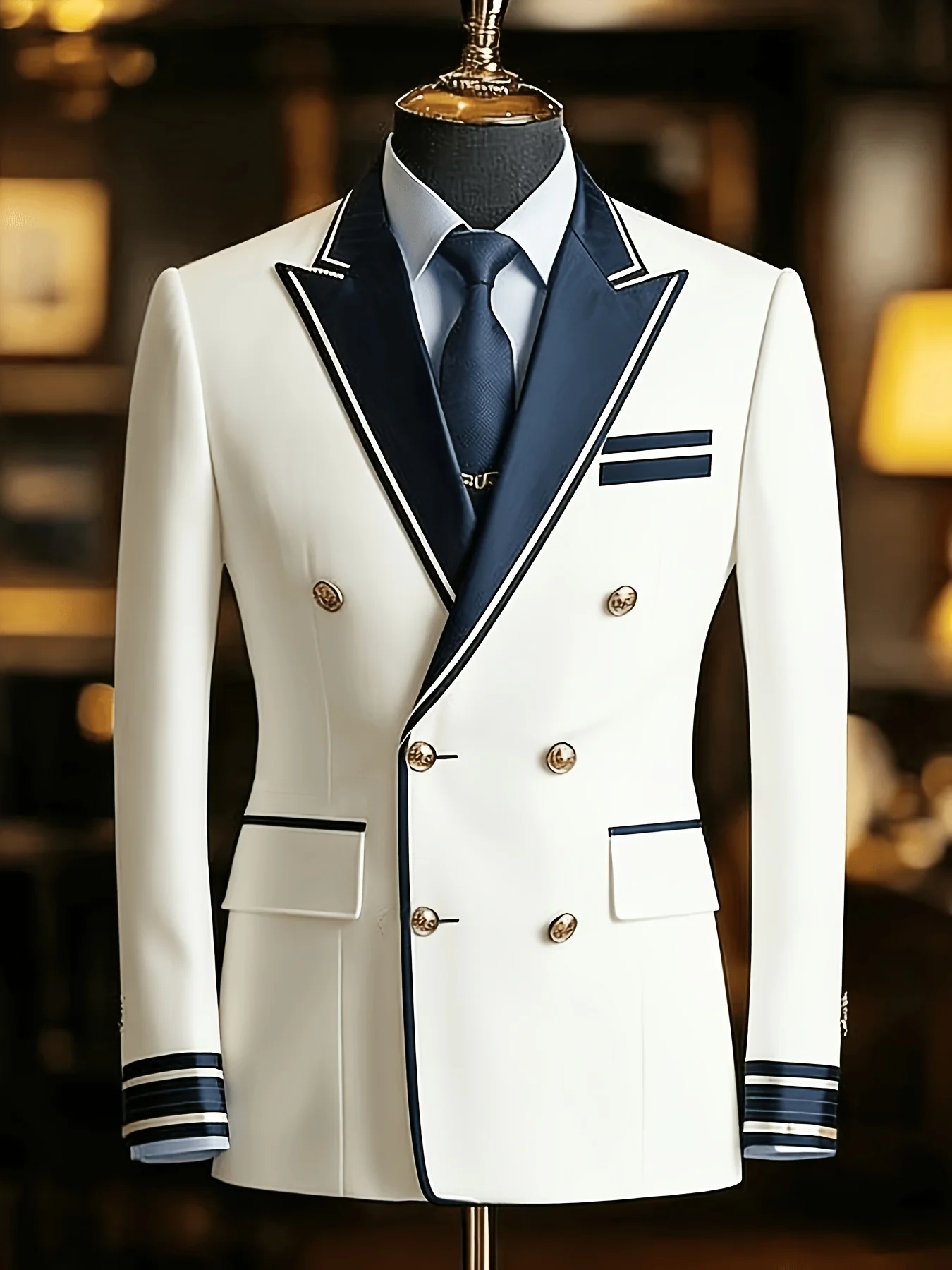 Men White Navy Contrast Lapel Blazer Double Breasted Gold Buttons Striped Trim Slim Fit Wedding Groom Party Tuxedo Suit Jacket