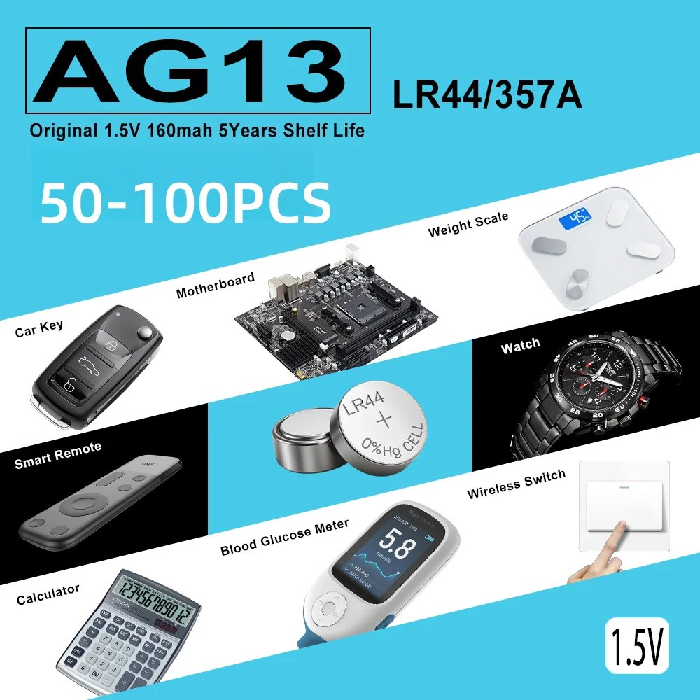 Fast Delivery 50/100pcs AG13 LR44 Button cell LR 44 L1154 SR1154 SP76 pila SR44 A76 LR1154 Cell Coin Watch Toys Remote Battery