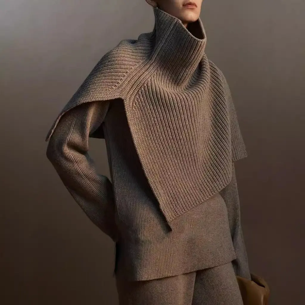 

Ultra-Fine Merino High Collar Slit Multi-Wear Knitted Shawl Large Scarf Women's Fashion Winter Warm Neckwear