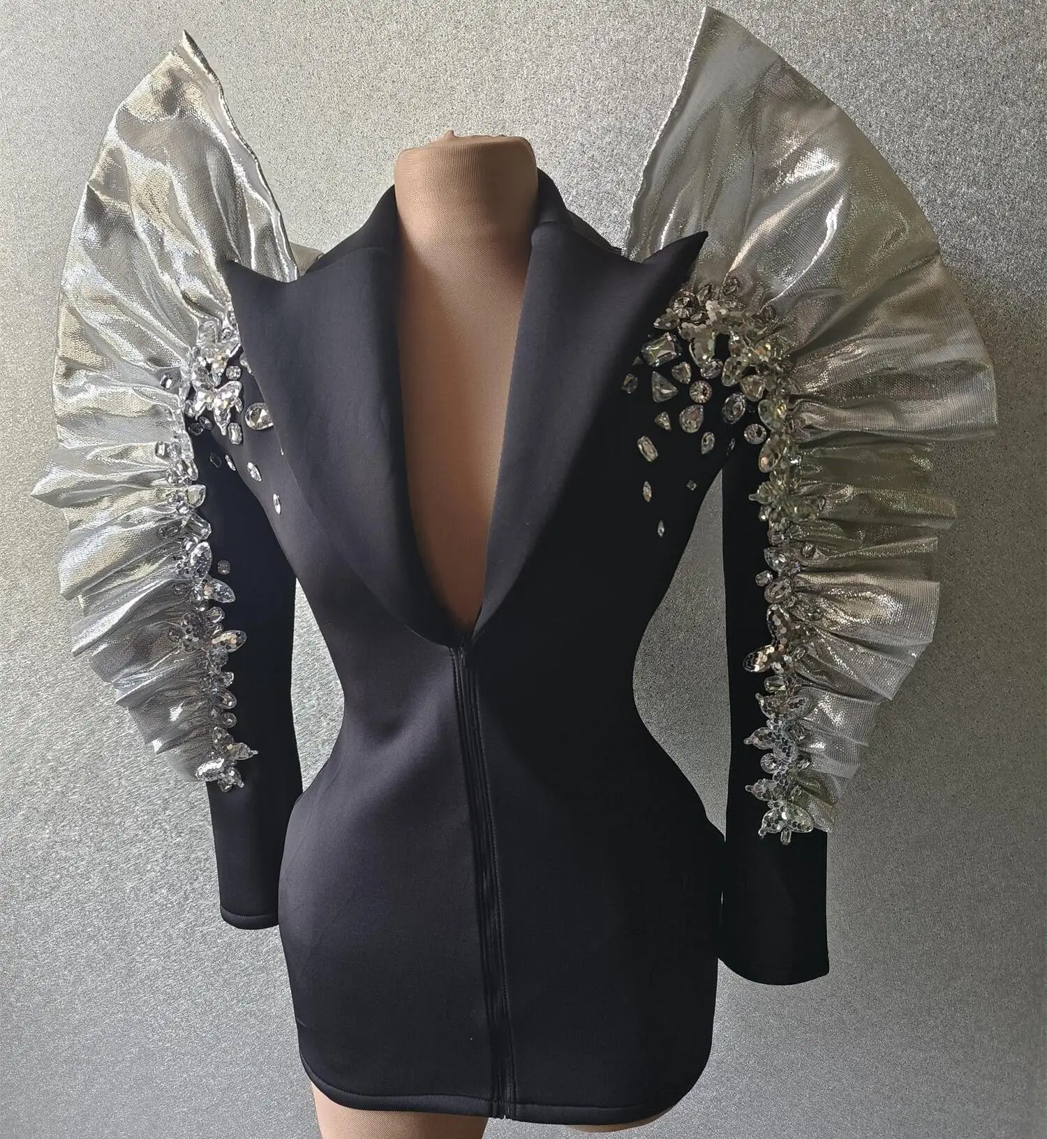 Women Performance Show Wear Sparkly Rhinestones Exaggerated Sleeves Black Jacket Sexy Singer Dancer Nightclub Jazz Dance Costume