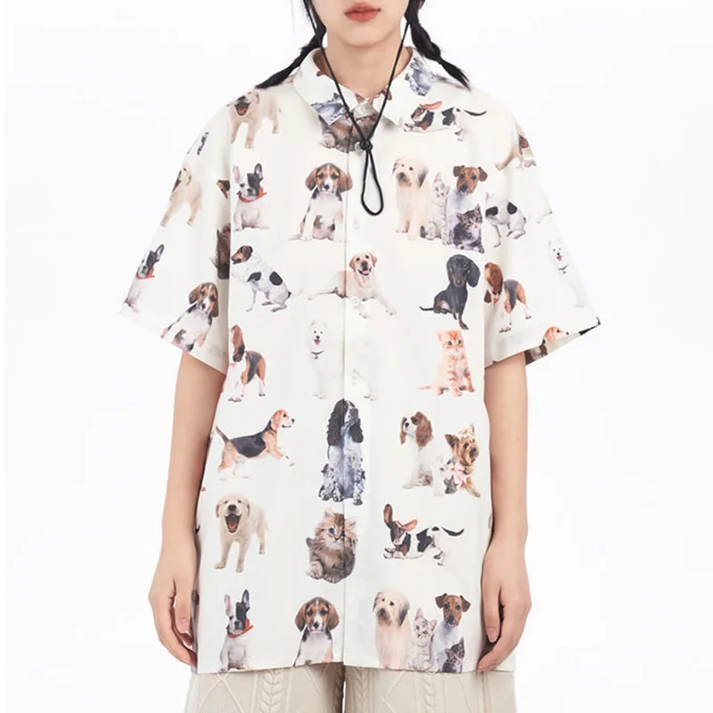 Women Funny Dog Animal Full Print Cute Casual Short Sleeve Shirts Women Blouse Teen Girls Summer New Korean Trendy Blusas Top