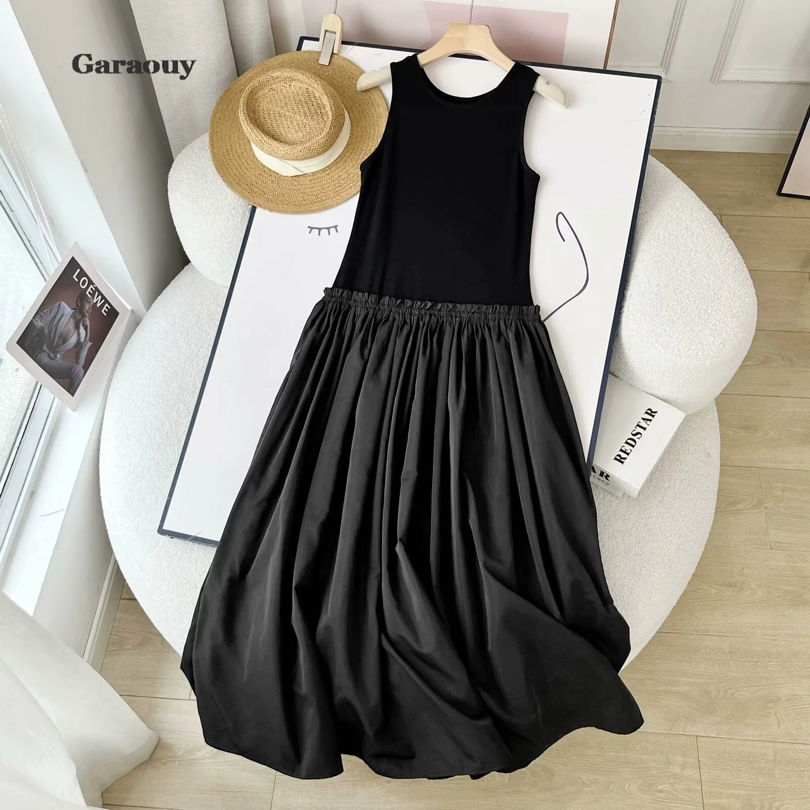 Garaouy Women 2024 Summer New Fashion Tank Robe dress Vintage Sleeveless Chic Round Neck Pleated Casual Dress Vestidos Mujer