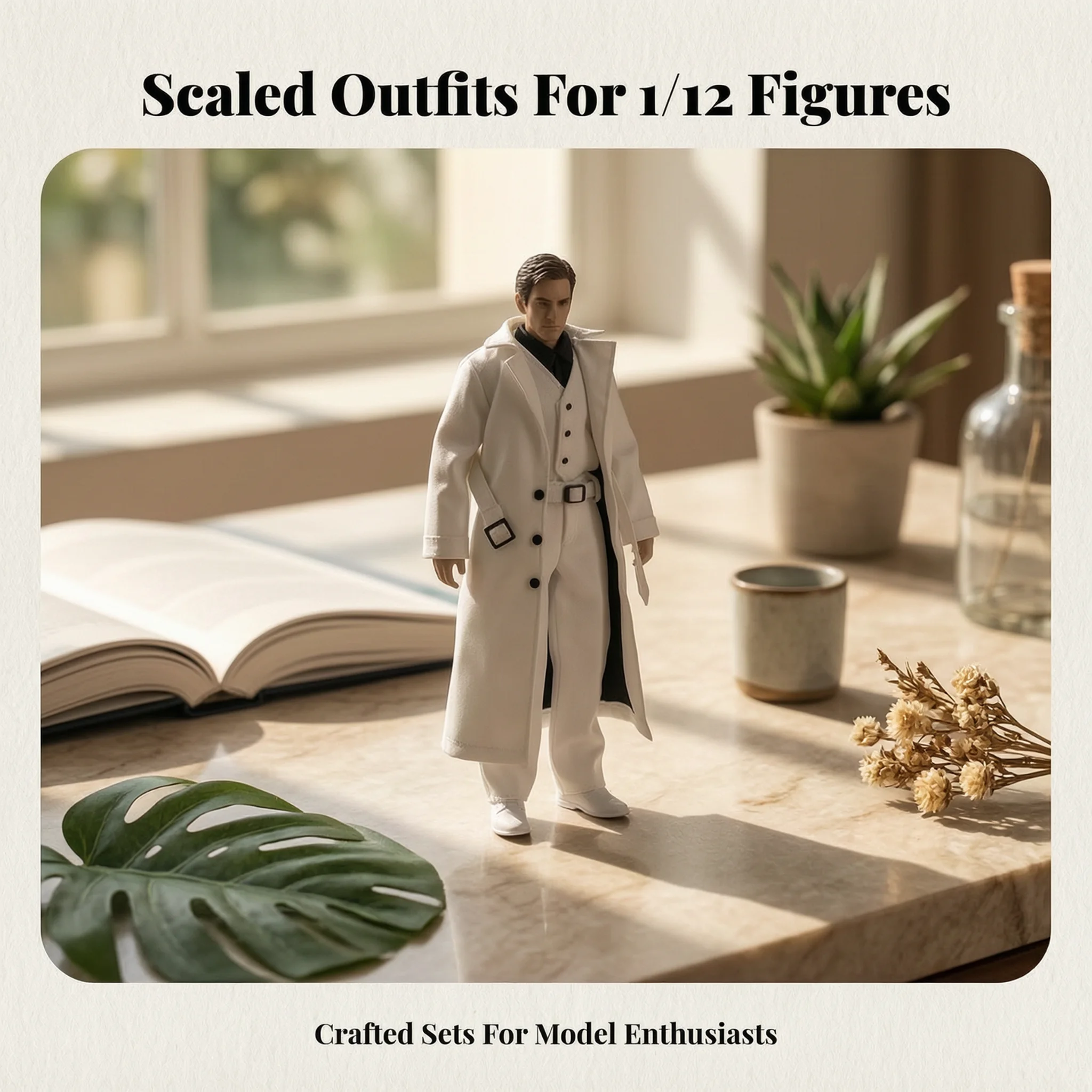 Long Overcoat Coat Set Lapel Collar Belted Coat Outfit Glossy Miniature Apparel