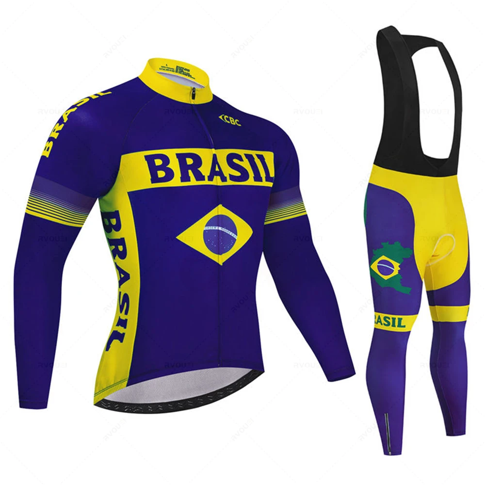 Brazil 2023 Breathable Team Long Sleeve Cycling Jersey Set Bib Pants Ropa Ciclismo Bicycle Clothing MTB Bike Uniform Men Clothes