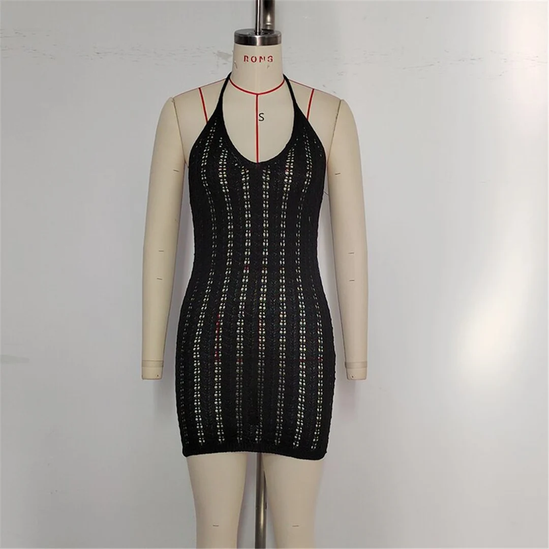 Halterneck, rückenfreies, gehäkeltes, gestricktes Tunika-Strandkleid, Strandmode, Strandbekleidung, Strand-Cover-up, Damen, V6480 – Detail 15