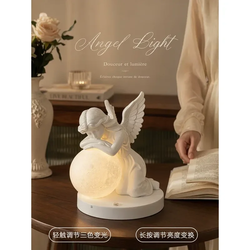 French Retro Angel Moon Lamp Ornament Premium Living Room Desktop Decoration Night Light Bedroom Bedside Girl Gift