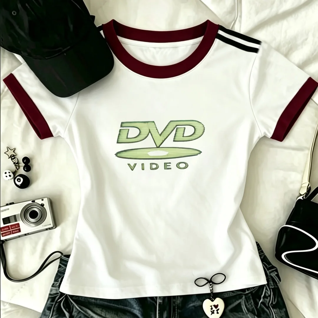 Y2K Retro DVD-Videokassetten-Muster Bedrucktes Neues Rundhals-Sommer-Damen-Freizeit-T-Shirt Kurzärmeliges Oberteil – Detail 6