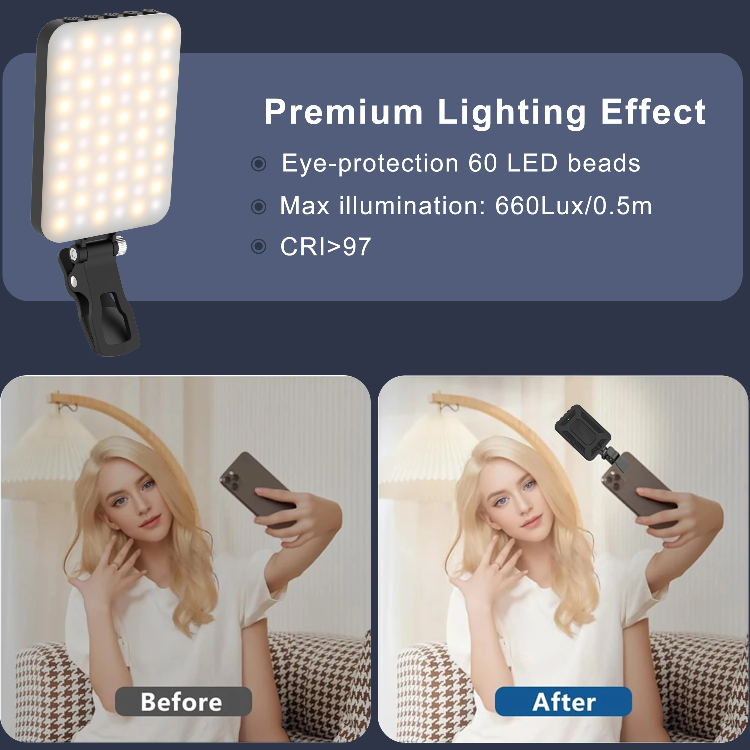LED Selfie Light 60 perline LED di alta qualità 2500mAh ricaricabile CRI 97 +, 7 modalità di illuminazione portatile sulla luce per telefono/Tablet/Laptop