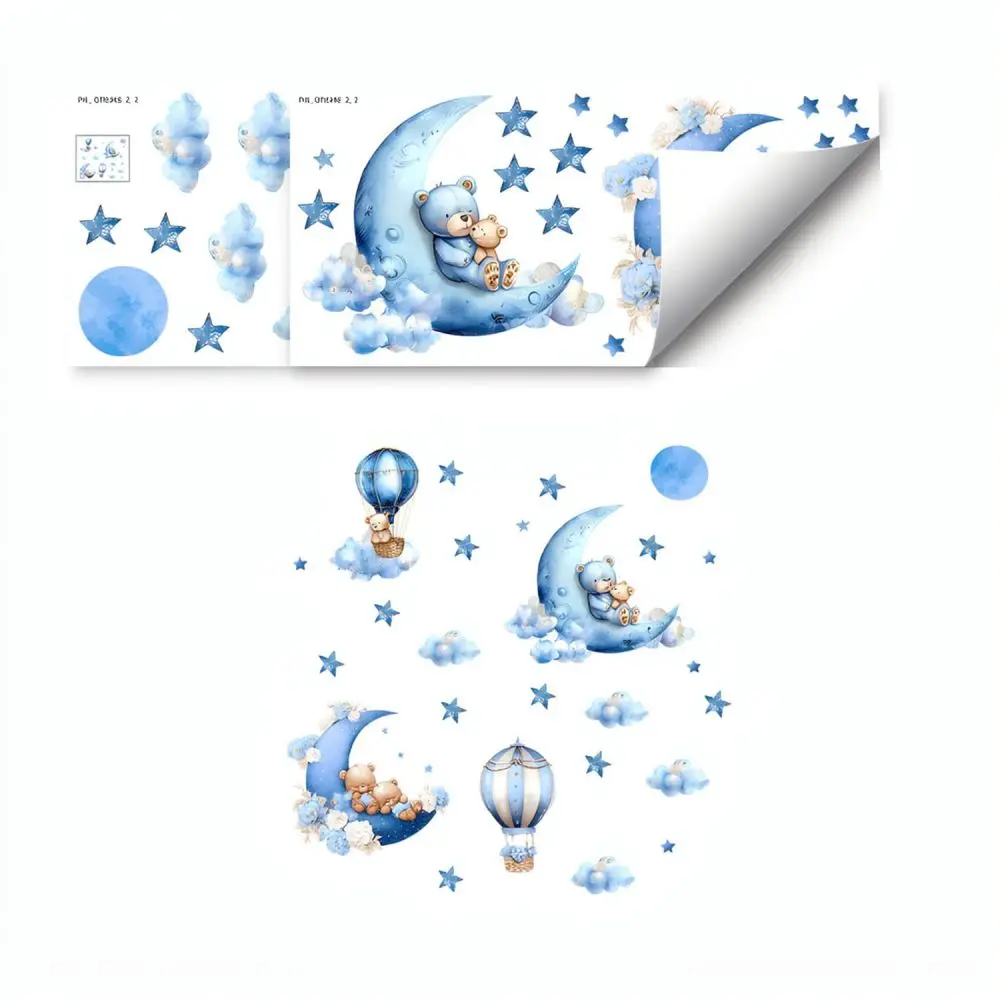 Cute Bear Moon Hot Air Balloon Wall Stickers Self Adhesive Art Mural For Nursery Kids Room Home Decor