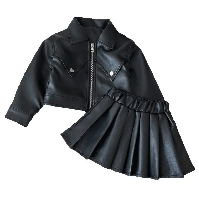 Kids Girls PU Leather Jackets+Short Skirt Set Classics Lapel Zipper Outerwear Autumn Fashion New Sport Casual Clothing 1-8 Years