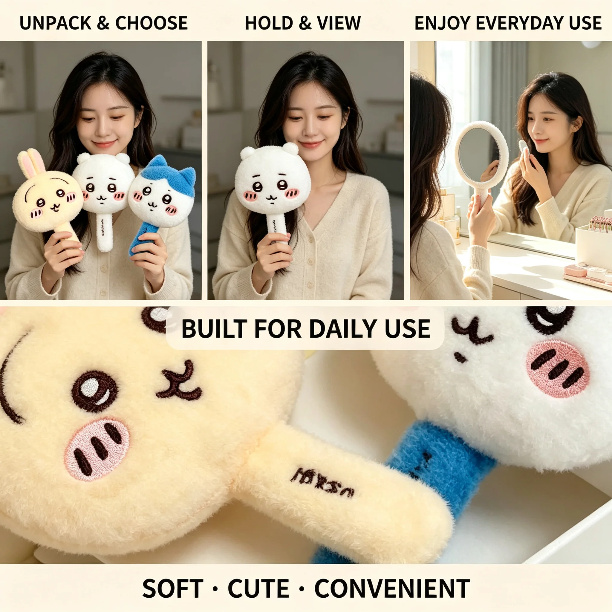 Cute Plush Handheld Makeup Mirror Kawaii Anime Usagi Hachiware Portable Cosmetic Hand Mirror