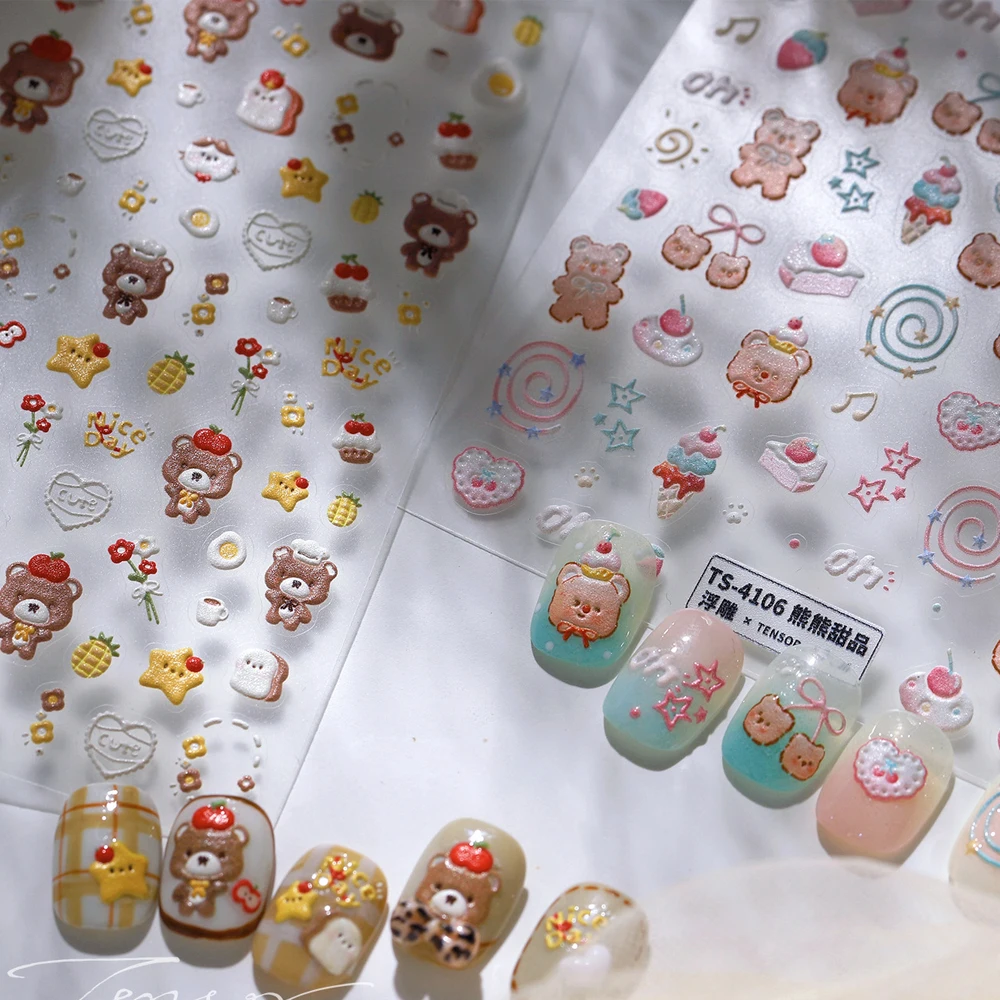 Kawaii oso Picnic tema 5D Nail Art pegatina manzana piña pastel flor ramo estrella corazón café huevo frito pan manicura calcomanía
