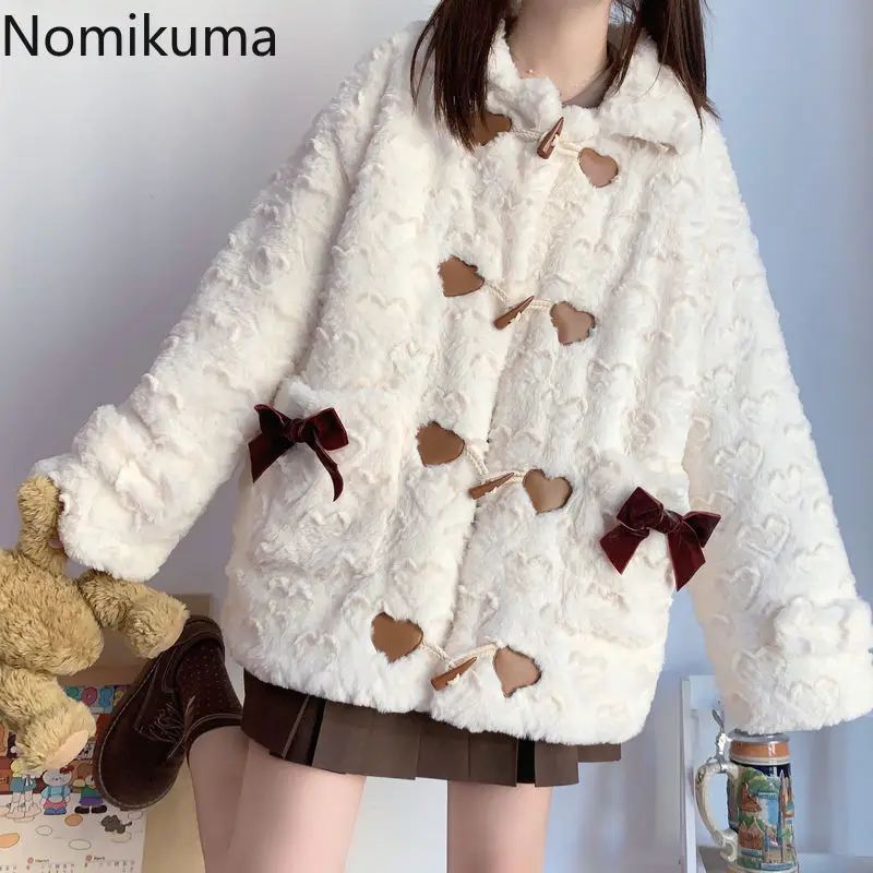 2024 Women Clothing Winter Y2k Jackets Pocket Bow Fashion Furry Outwear Oversized Tops Streetwear Casual Warm Thick Coats 27y535