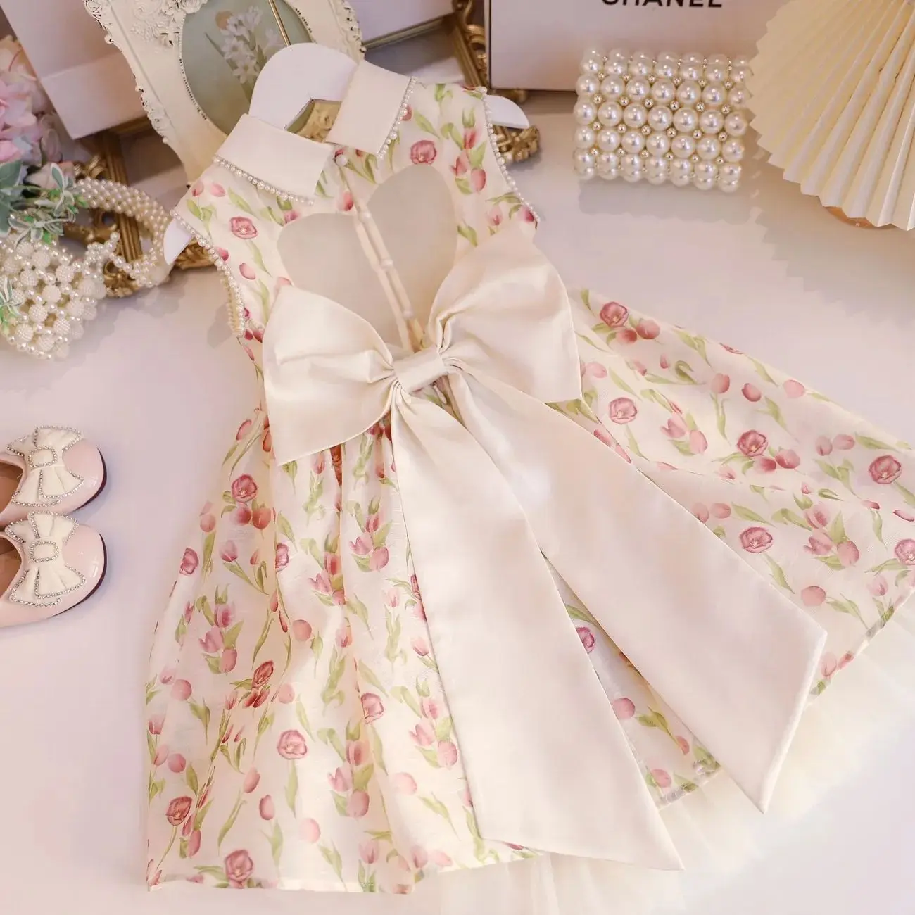 Girls Dress Summer 2024 New Childrens Vest Dress Little Girl Fashion Fragmented Flower Bow Princess Dress