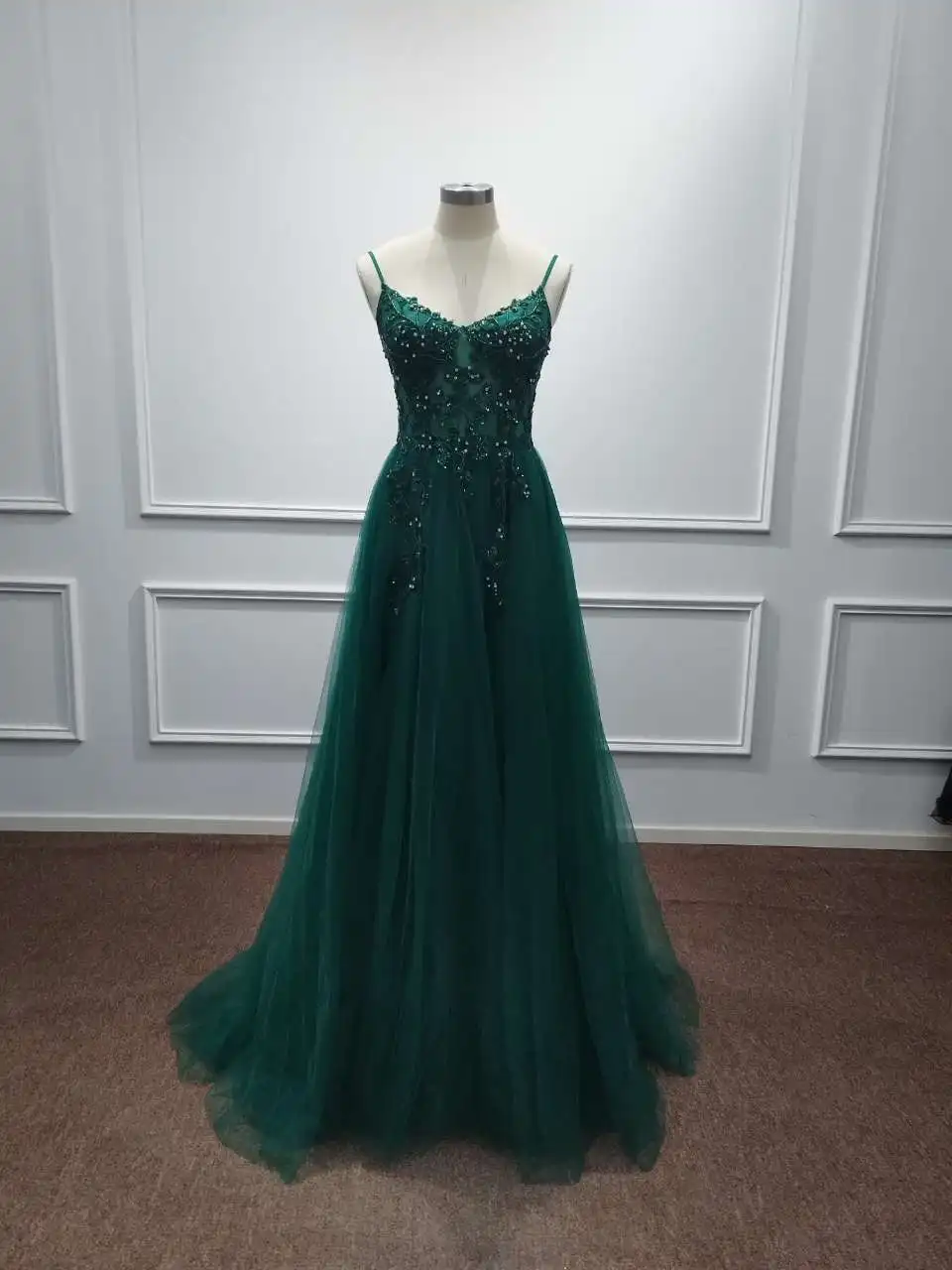 Sunnye New Fairy Dark Green Tulle Evening Dress Sparkly Lace Appliques Prom Dress Spaghetti Straps vestidos de fiesta فساتين سهر