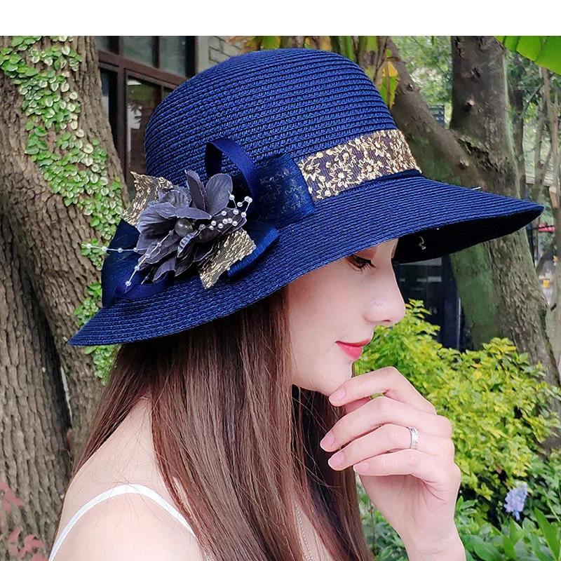 Fashion Women Summer New Women\'s Sun Hat Bucket Cap Beige Lace Bowknot Flowers Ribbon Flat Top Straw Hat Beach Caps Panama Gift