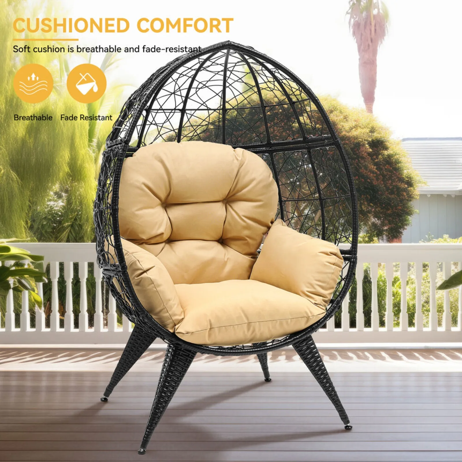 Teardrop Egg Chair Freestanding Patio Wicker Oversized Lounger with Cushion United States